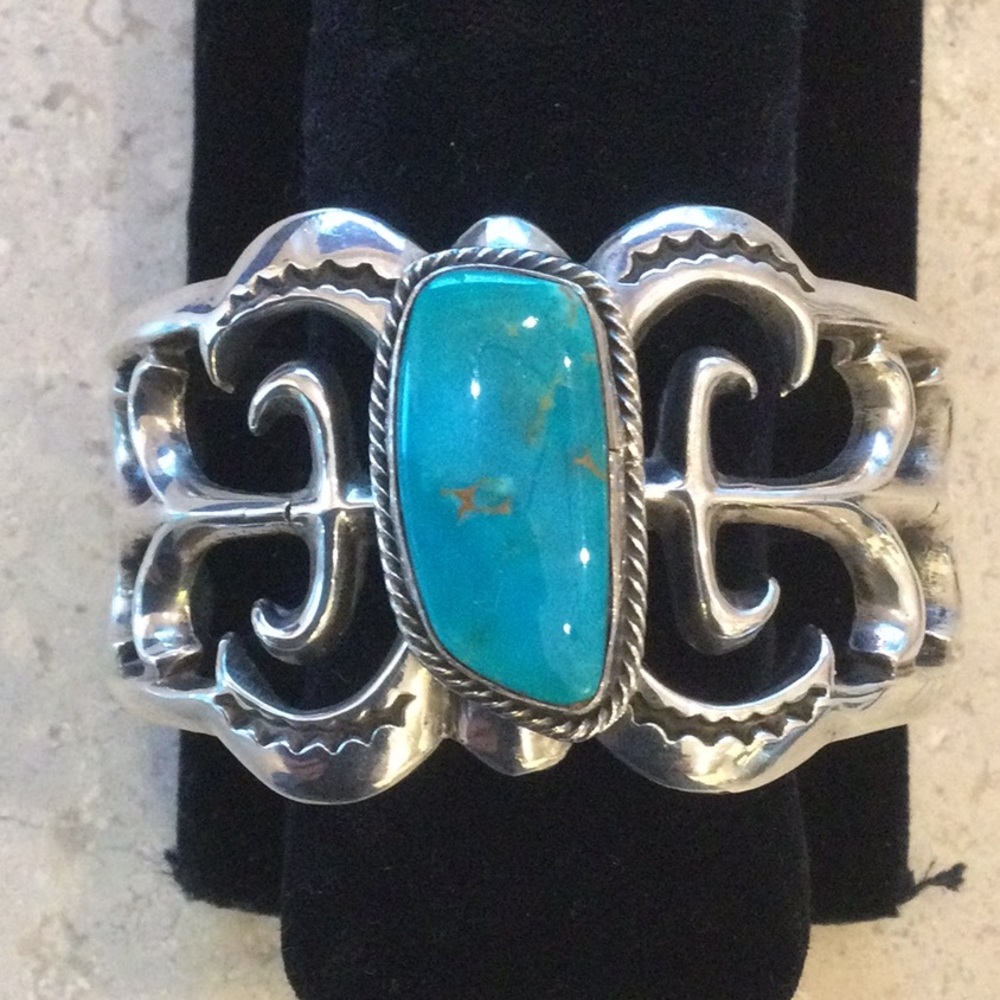 Wilfred B Henry Navajo made Sterling & Turquoise sand cast cuff bracelet